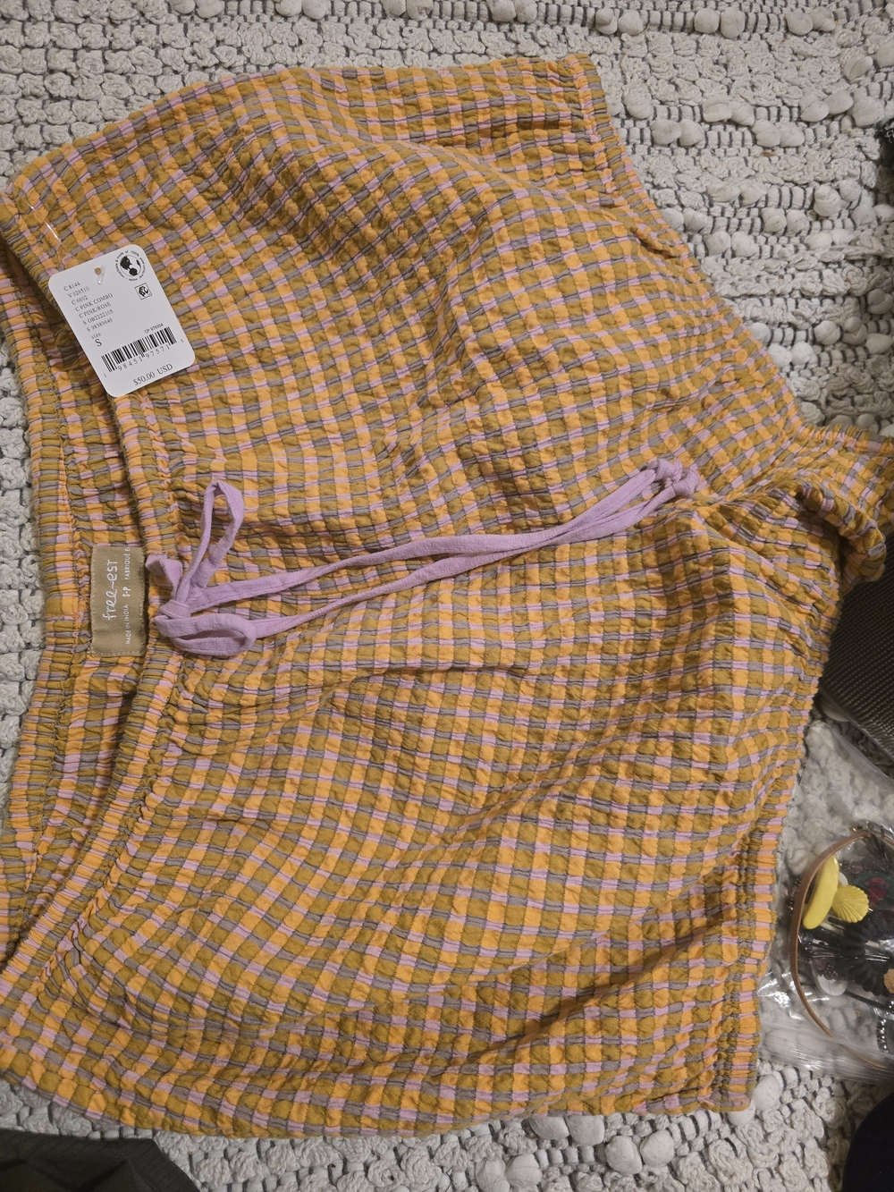 Free People Yellow and Purple Plaid Smocked Shorts
